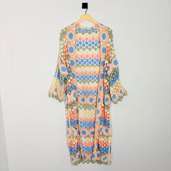 POL Dreamside Crochet Longline Open Front Cardigan Pastel Granny Square Boho OS - Picture 3 of 9